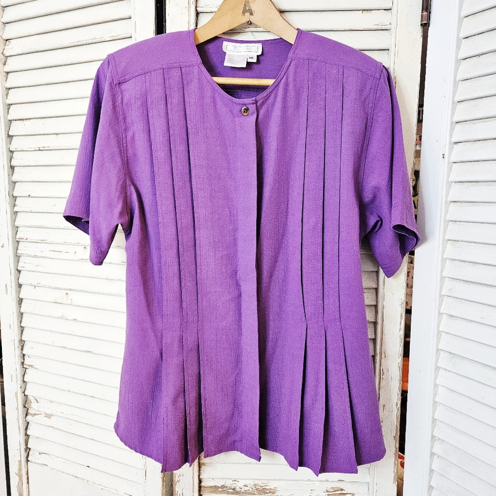 Vintage 80s Eatons Purple Short Sleeve Pleated Blazer Dynasty 10 Small/Medium